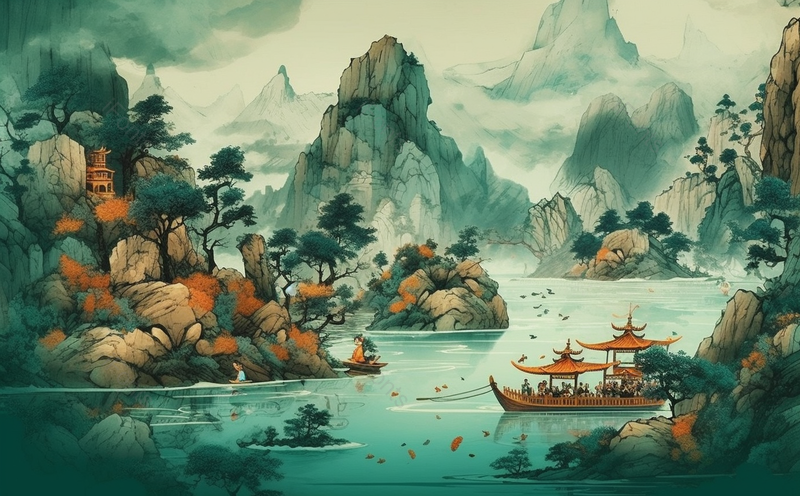 山水船只山间河流绿色水墨风手绘插画,插画/手绘图,插画/手绘图库,插画/手绘图下载,插画/手绘